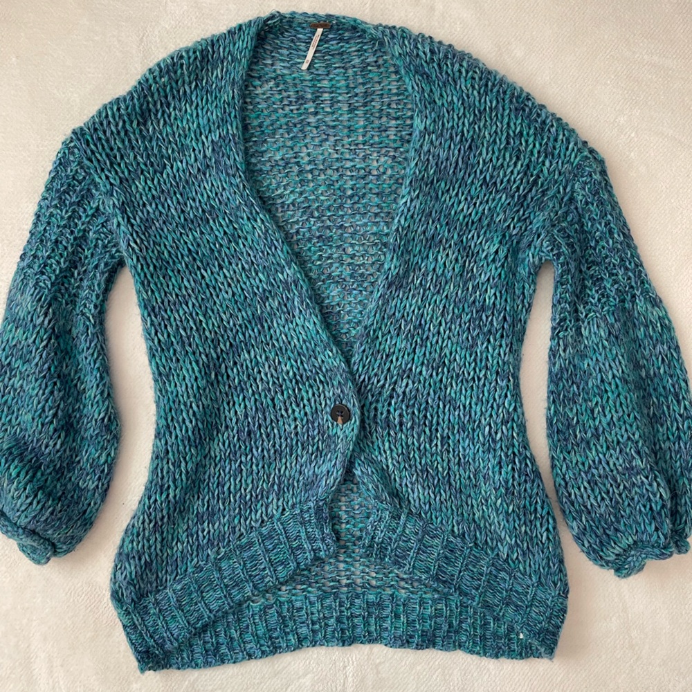 Free People Oversized Teal Knit Women's Cartigan Sweater size XS